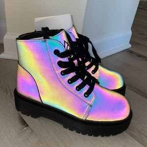 Iridescent combat boots - rainbow in FLASH lighting